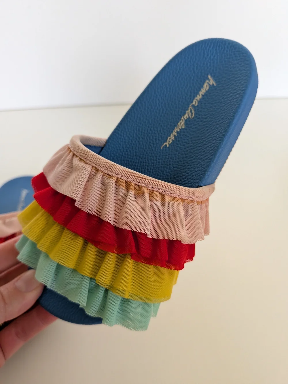 Hanna Andersson Rainbow Ruffle Slide Sandals Girls 11 Blue